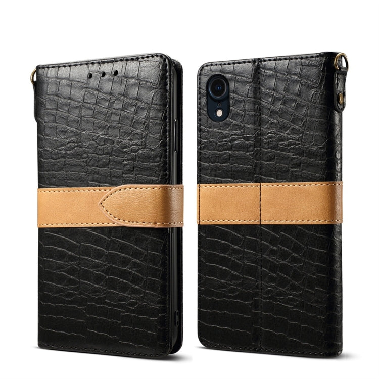 Per iPhone XR Custodia in pelle con chiusura orizzontale in PU con texture coccodrillo color giunzione con portafoglio, supporto, slot per carte e cordino, For iPhone XR