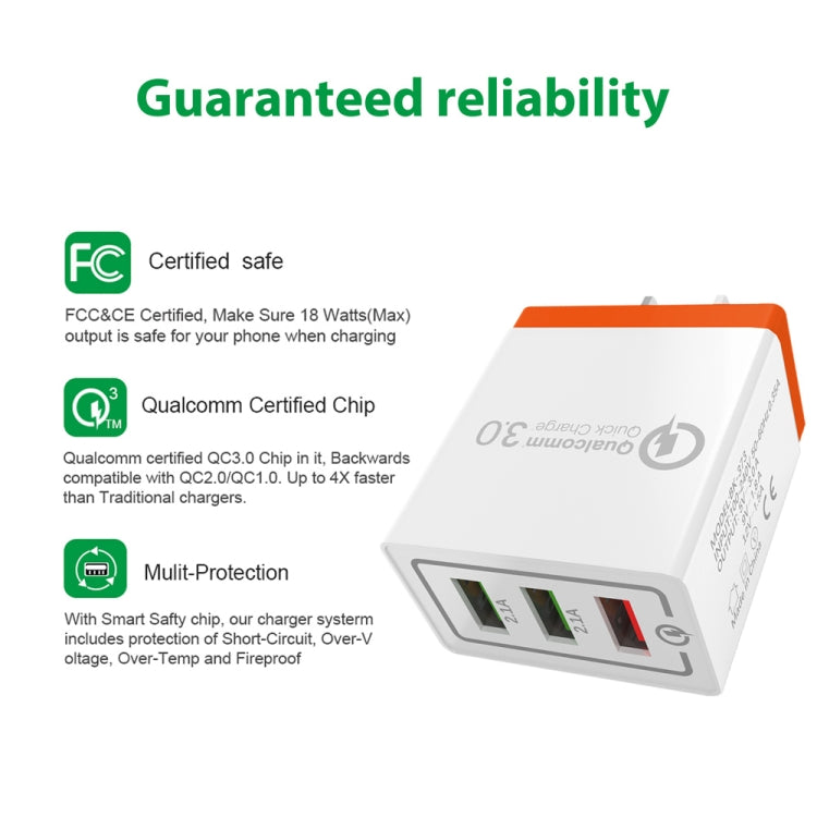AR-QC-03 Caricatore da viaggio caricabatterie rapido con 3 porte USB 2.1A, presa USA, AR-QC-03 US, AR-QC-03 US Plug Blue