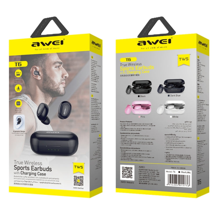 Awei T6 TWS Bluetooth V5.0 Ture Auricolare sportivo wireless con custodia di ricarica