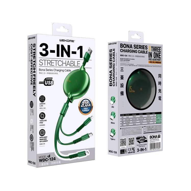 WK WDC-124 3A 3 in 1 8 pin + tipo C / USB-C + cavo dati di ricarica telescopico serie Micro USB Bona, lunghezza: 1,5 m