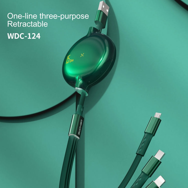 WK WDC-124 3A 3 in 1 8 pin + tipo C / USB-C + cavo dati di ricarica telescopico serie Micro USB Bona, lunghezza: 1,5 m