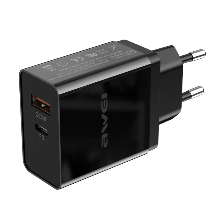 awei C-980 18W PD USB-C / Type-C + QC 3.0 Interfaccia USB Caricabatterie da viaggio a ricarica rapida, presa EU