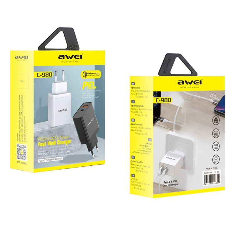 awei C-980 18W PD USB-C / Type-C + QC 3.0 Interfaccia USB Caricabatterie da viaggio a ricarica rapida, presa EU