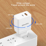 awei C-980 18W PD USB-C / Type-C + QC 3.0 Interfaccia USB Caricabatterie da viaggio a ricarica rapida, presa EU
