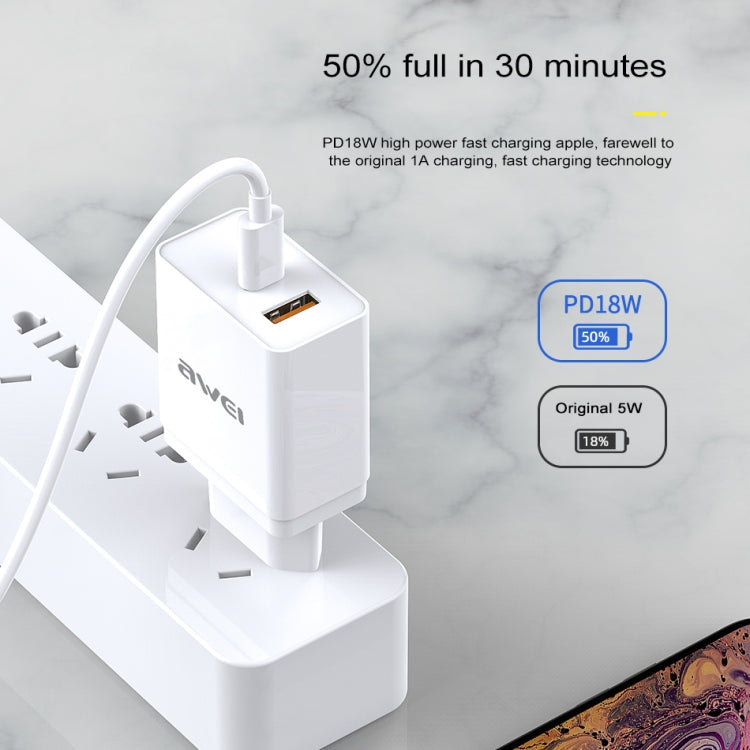 awei C-980 18W PD USB-C / Type-C + QC 3.0 Interfaccia USB Caricabatterie da viaggio a ricarica rapida, presa EU