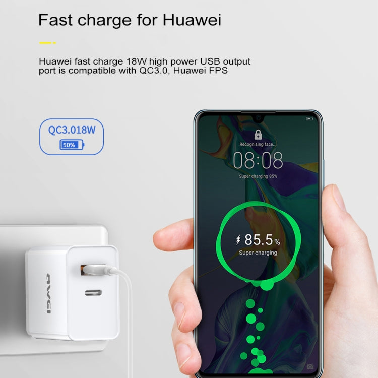 awei C-980 18W PD USB-C / Type-C + QC 3.0 Interfaccia USB Caricabatterie da viaggio a ricarica rapida, presa EU