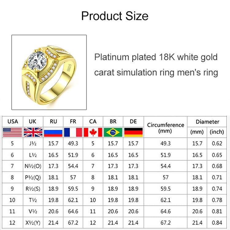 Anello da uomo con diamanti placcato in oro bianco 18 carati da uomo d'affari di moda + zirconi AAA, misura: 7, diametro: 17,3 mm, perimetro: 54,5 mm, Diameter: 17.3mm