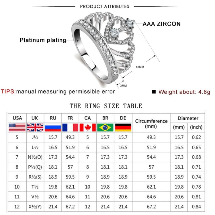 Anello con zirconi placcati in platino a forma di corona della principessa regina, misura USA: 5, diametro: 15,7 mm, perimetro: 49,3 mm, 5