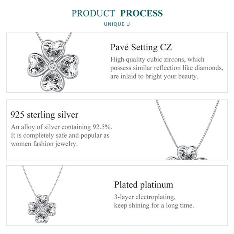 BSN334 Collana con pendente in argento sterling S925 placcato oro bianco Lucky Clover, BSN334