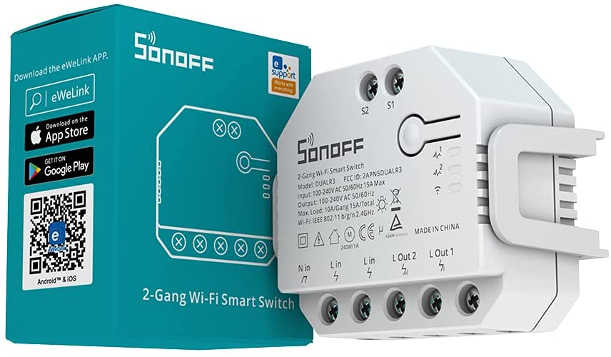 Interruttore smart wireless 2 contatti 100-240V 10-15A Sonoff DIY-DUALR3
