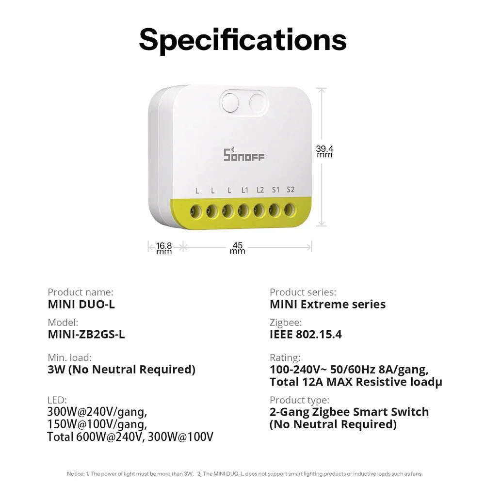 Relè smart Sonoff MINI-ZB2GS-L Zigbee 2 canali senza neutro 6920075743463 MINI-ZB2GS-L K497