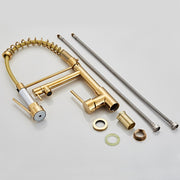 Rubinetto caldo freddo per lavello da cucina con doppia uscita a molla di tipo Pull in rame, Gold