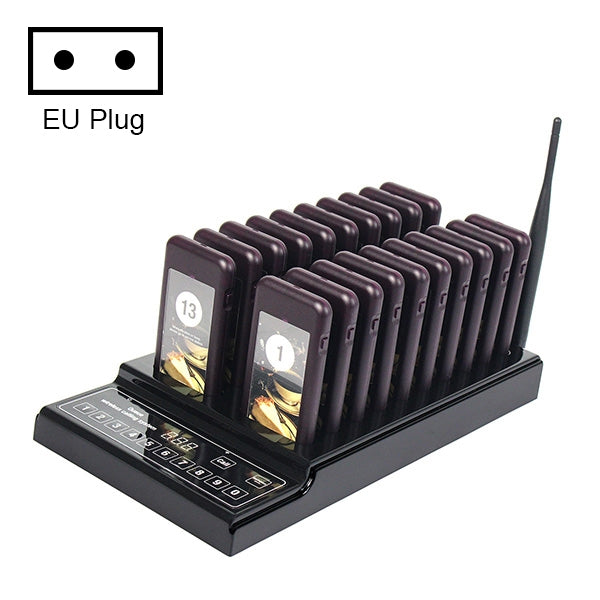 QC100 Sistema di chiamata cercapersone wireless per ristoranti a 999 canali con 20 cercapersone sottobicchiere, presa europea