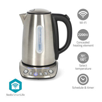 SmartLife Electric Kettle | Wi-Fi | 1.7 l | Stainless Steel | 70,80,90,100 °C | Temperature indicator | Rotatable 360 degrees | Concealed heating element | Strix® controller | Android™ / IOS