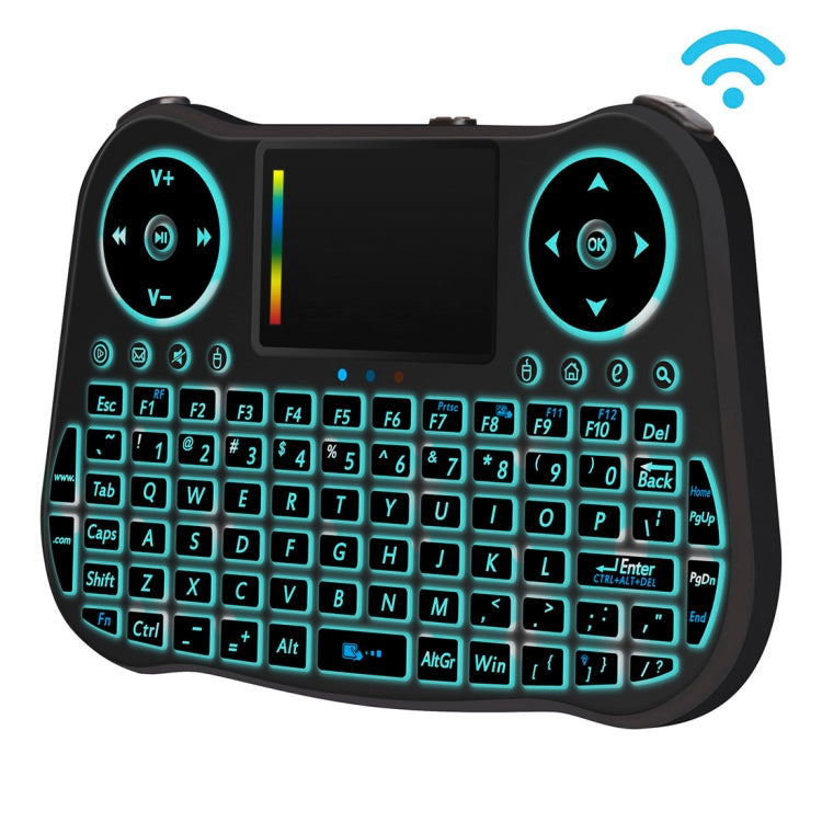 Mini tastiera QWERTY wireless Air Mouse MT08 da 2,4 GHz con retroilluminazione colorata, touchpad e controllo multimediale per PC, TV, MT08