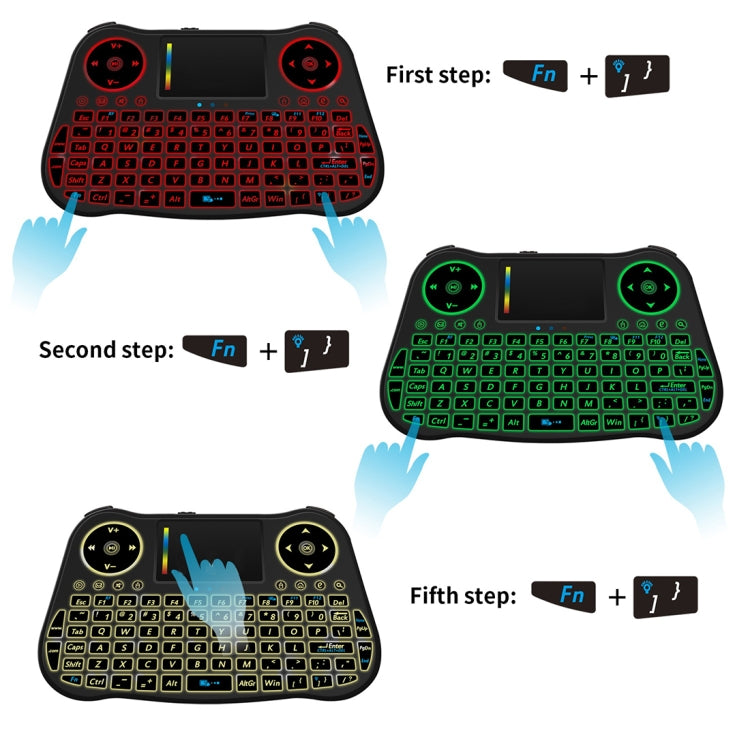 Mini tastiera QWERTY wireless Air Mouse MT08 da 2,4 GHz con retroilluminazione colorata, touchpad e controllo multimediale per PC, TV, MT08