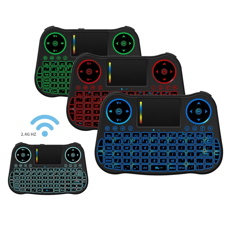 Mini tastiera QWERTY wireless Air Mouse MT08 da 2,4 GHz con retroilluminazione colorata, touchpad e controllo multimediale per PC, TV, MT08