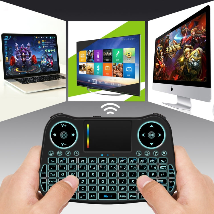 Mini tastiera QWERTY wireless Air Mouse MT08 da 2,4 GHz con retroilluminazione colorata, touchpad e controllo multimediale per PC, TV, MT08