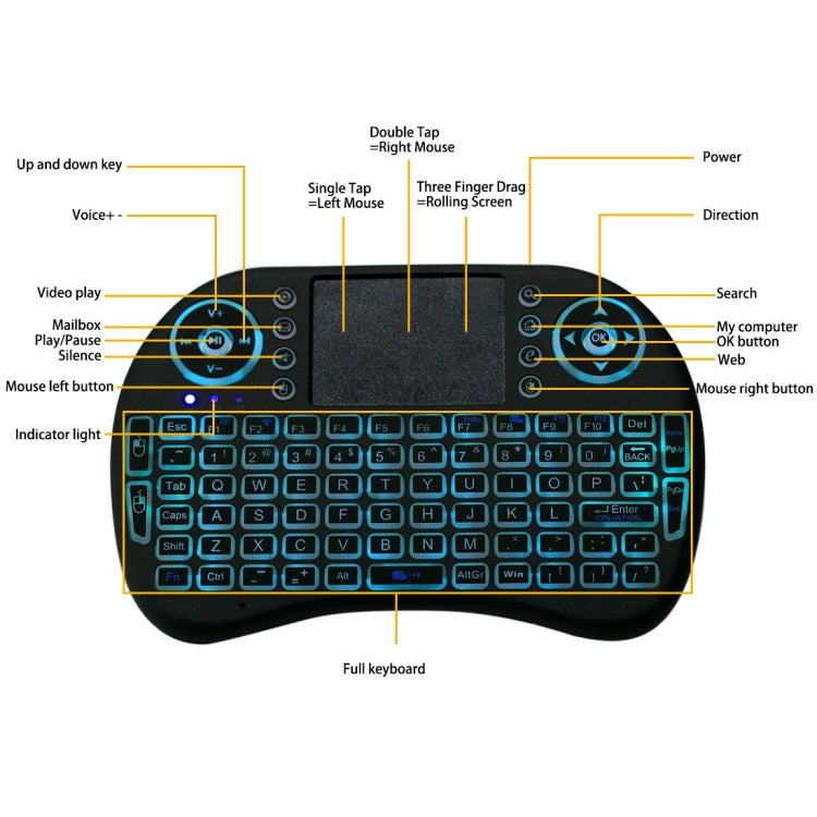 Tastiera wireless Mini i8 2,4 GHz con touchpad e retroilluminazio