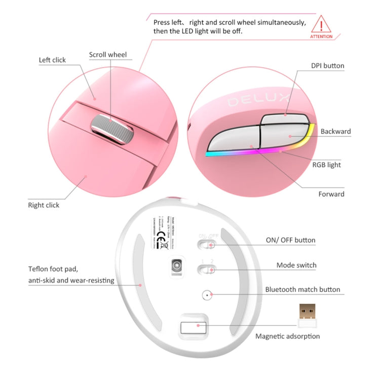 DELUX M618 Mini 2.4G Wireless 2400 DPI USB ricaricabile ergonomico mouse verticale, M618 Pink, M618 Grey