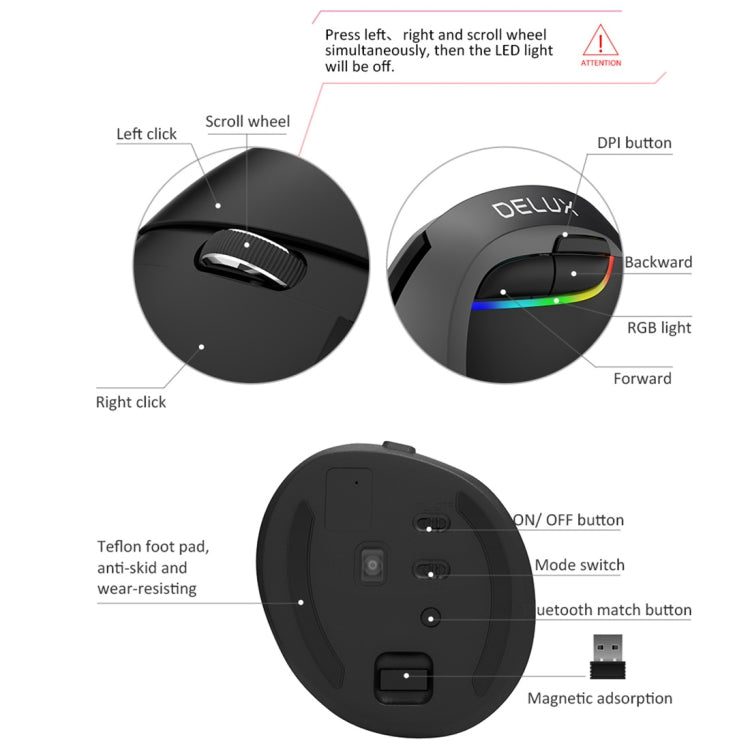 DELUX M618 Mini 2.4G Wireless 2400 DPI USB ricaricabile ergonomico mouse verticale, M618 Pink, M618 Grey