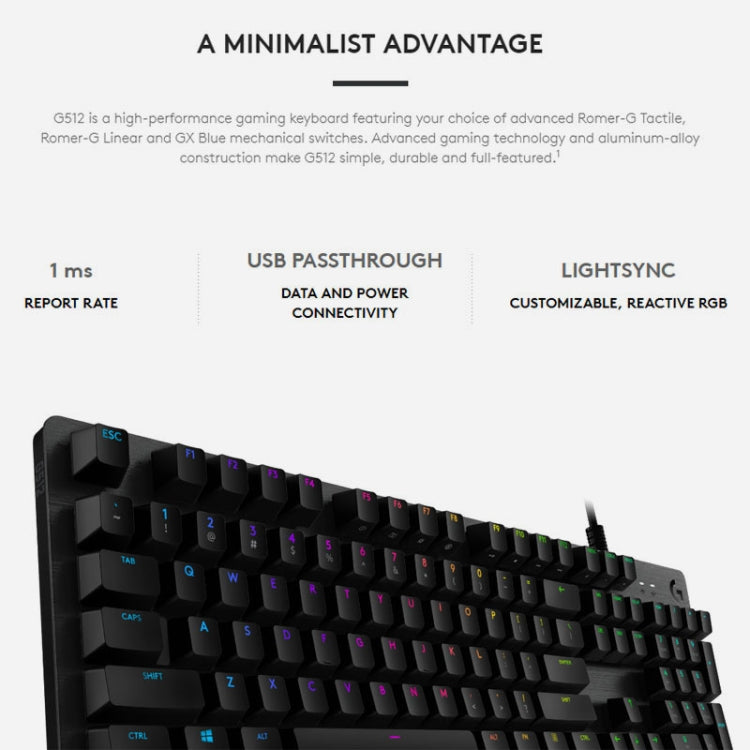Tastiera da gioco meccanica cablata Logitech G512 RGB asse L, lunghezza: 1,8 m, Logitech G512 L-axis