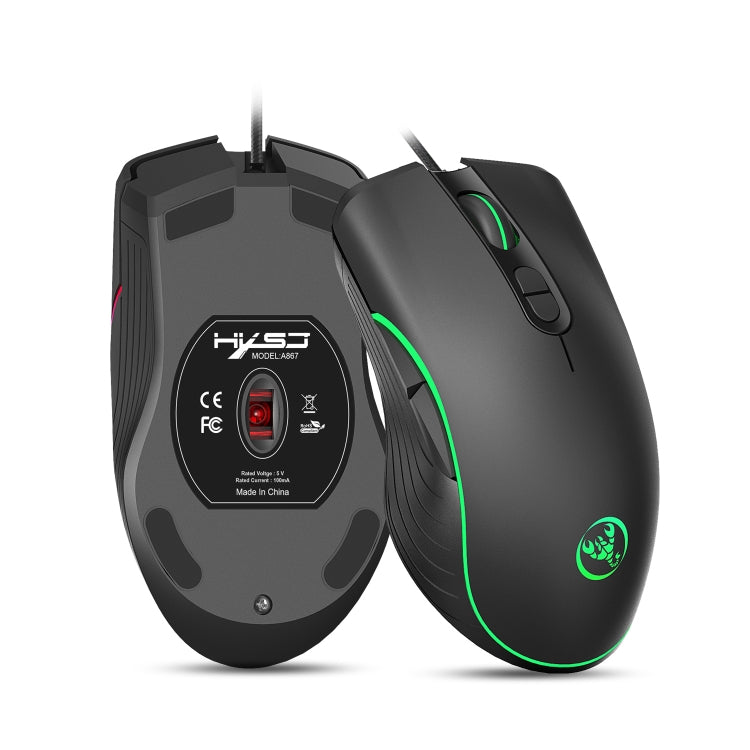 HXSJ A867 Mouse da gioco E-Sport cablato USB 6400 DPI regolabile a quattro velocità RGB illuminato, lunghezza: 1,5 m, A867 Black