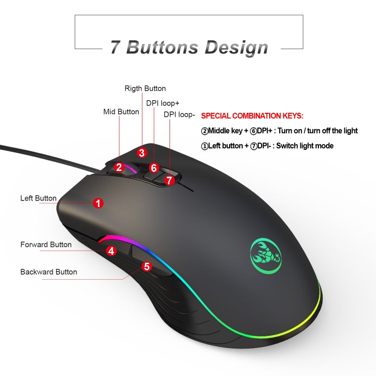 HXSJ A867 Mouse da gioco E-Sport cablato USB 6400 DPI regolabile a quattro velocità RGB illuminato, lunghezza: 1,5 m, A867 Black