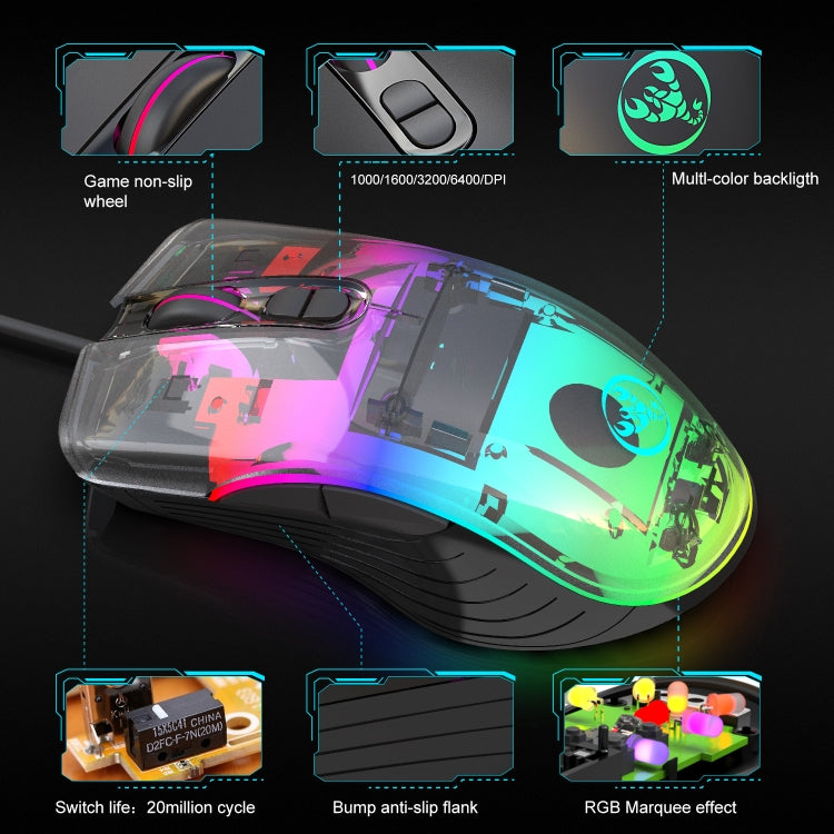 HXSJ A867 Mouse da gioco E-Sport cablato USB 6400 DPI regolabile a quattro velocità RGB illuminato, lunghezza: 1,5 m, A867 Black