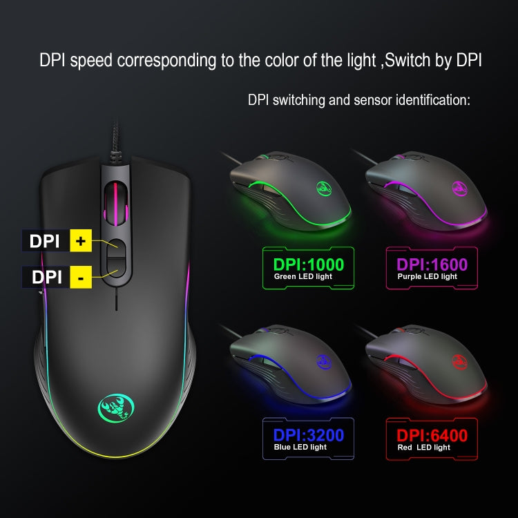 HXSJ A867 Mouse da gioco E-Sport cablato USB 6400 DPI regolabile a quattro velocità RGB illuminato, lunghezza: 1,5 m, A867 Black