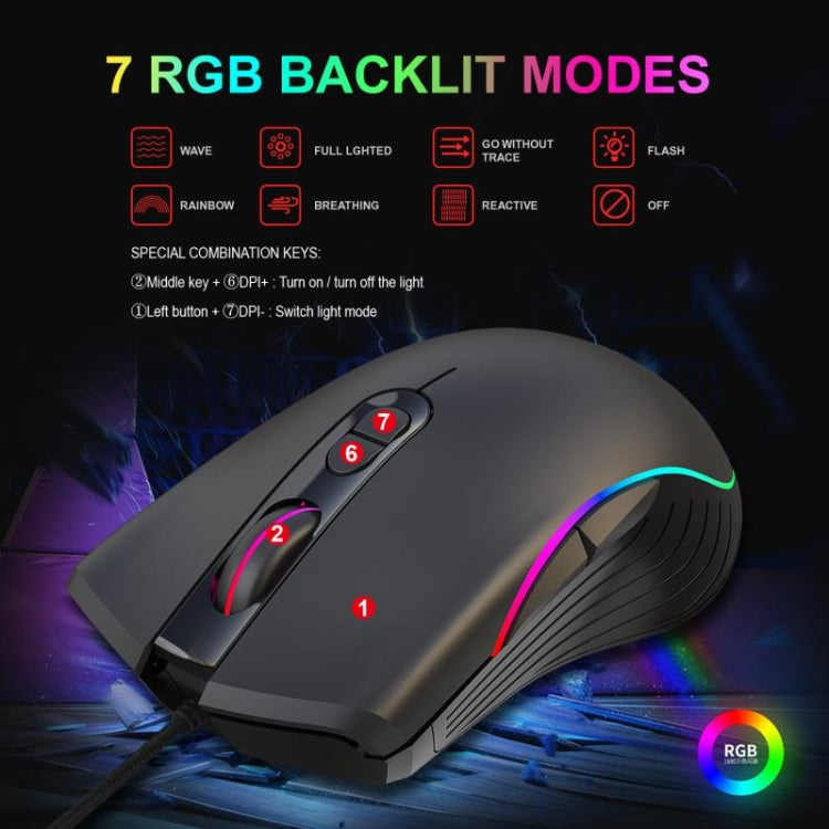 HXSJ A867 Mouse da gioco E-Sport cablato USB 6400 DPI regolabile a quattro velocità RGB illuminato, lunghezza: 1,5 m, A867 Black
