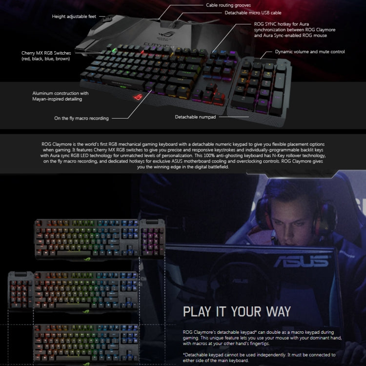 Tastiera da gioco ASUS Claymore USB 2.0 RGB retroilluminata staccabile cablata meccanica con interruttore nero con cavo staccabile, Claymore
