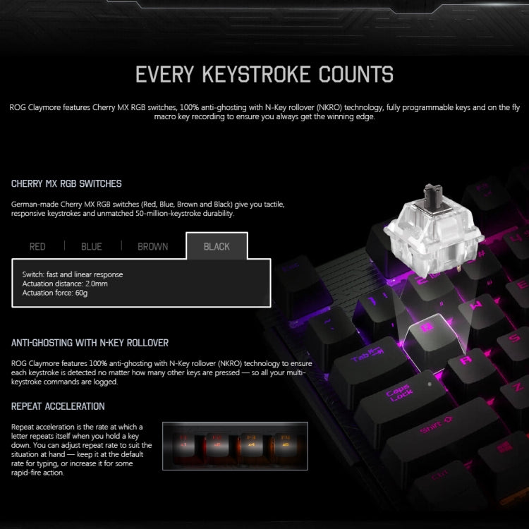 Tastiera da gioco ASUS Claymore USB 2.0 RGB retroilluminata staccabile cablata meccanica con interruttore nero con cavo staccabile, Claymore