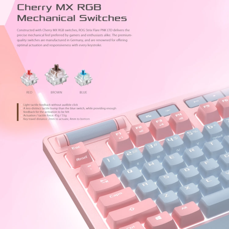 ASUS Strix Flare Pink LTD Tastiera da gioco cablata retroilluminata RGB con poggiapolsi rimovibile (interruttore meccanico marrone), Strix Flare Pink LTD