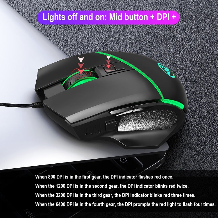 HXSJ A876 Mouse cablato Colorato Emissione di luce sincrona Mouse da gioco con luce regolabile 6400 dpi, Lunghezza: 150 cm
