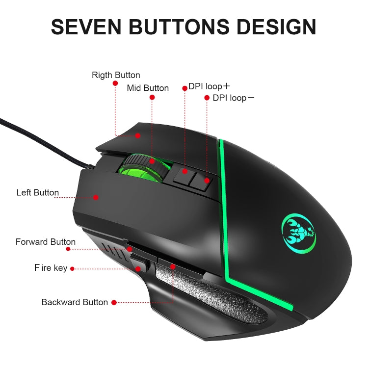 HXSJ A876 Mouse cablato Colorato Emissione di luce sincrona Mouse da gioco con luce regolabile 6400 dpi, Lunghezza: 150 cm