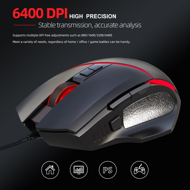 HXSJ A876 Mouse cablato Colorato Emissione di luce sincrona Mouse da gioco con luce regolabile 6400 dpi, Lunghezza: 150 cm