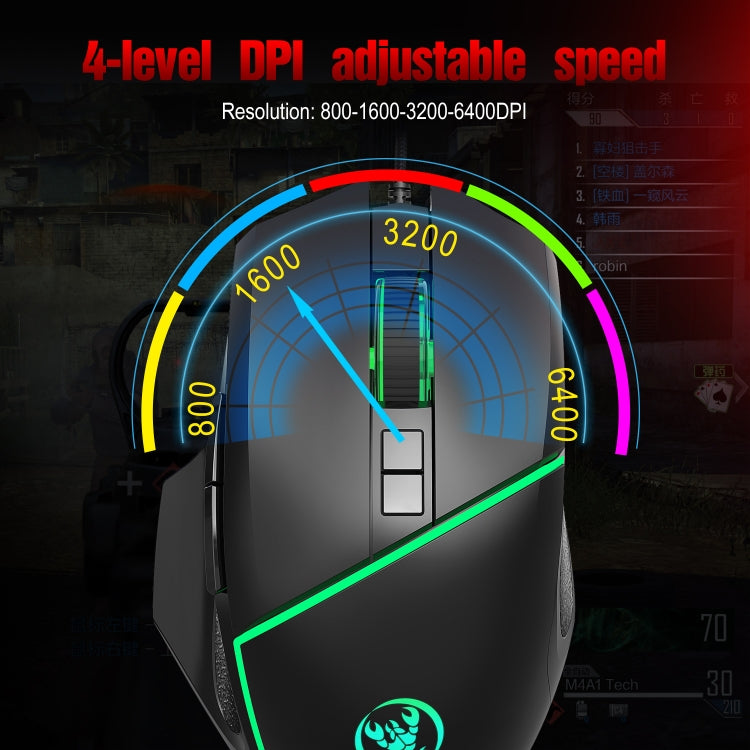 HXSJ A876 Mouse cablato Colorato Emissione di luce sincrona Mouse da gioco con luce regolabile 6400 dpi, Lunghezza: 150 cm