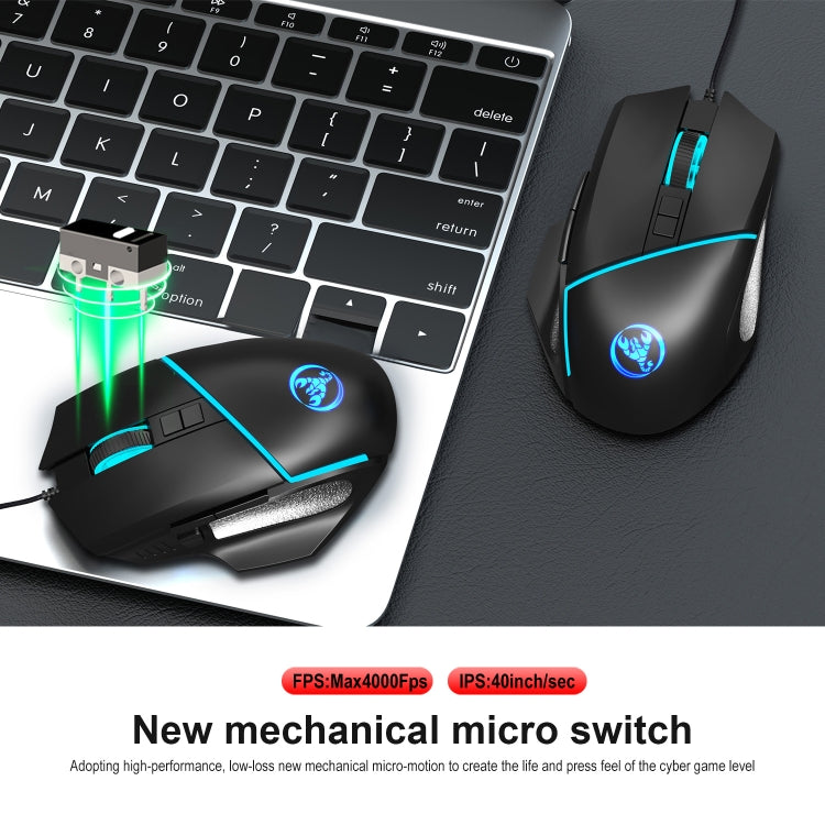HXSJ A876 Mouse cablato Colorato Emissione di luce sincrona Mouse da gioco con luce regolabile 6400 dpi, Lunghezza: 150 cm