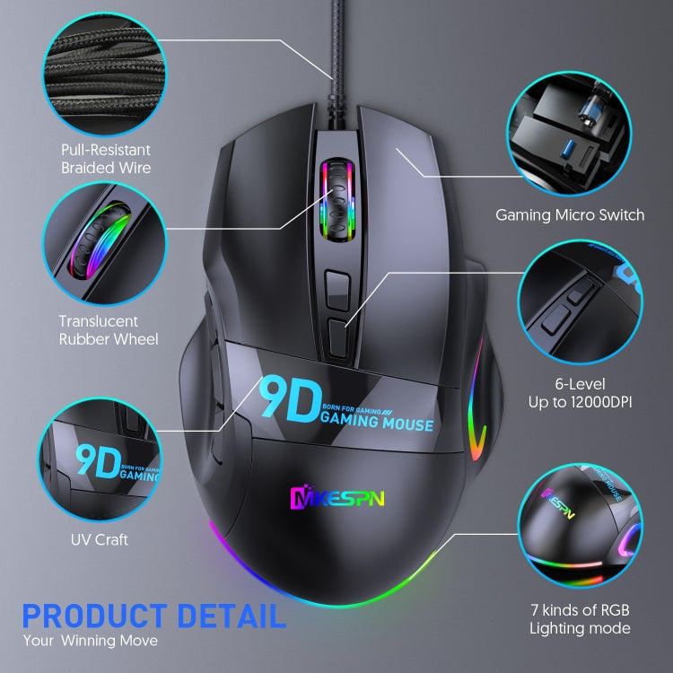 MKESPN X10 Mouse da gioco con definizione macro cablata RGB a 9 pulsanti, Macro Definition