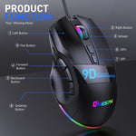 MKESPN X10 Mouse da gioco con definizione macro cablata a 9 pulsanti RGB a piena velocità, Full Speed Macro Definition