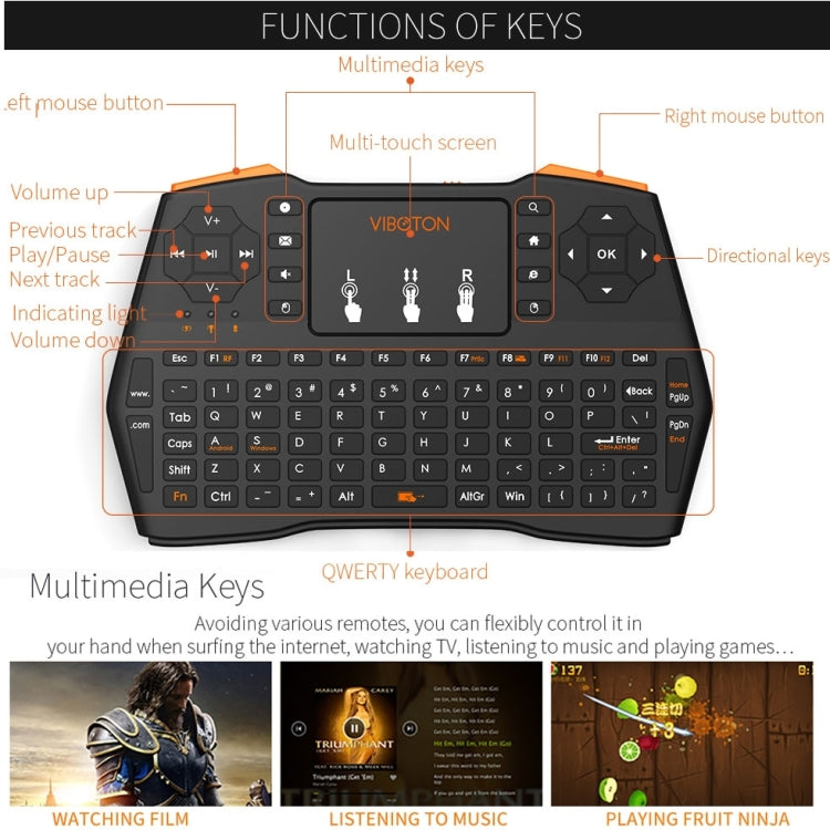 VIBOTON i8 Plus Mini tastiera wireless QWERT da 2,4 GHz aggiornata con touchpad per TV Box, Mi Box, computer, tablet, laptop e proiettore (nero), Wireless Keyboard