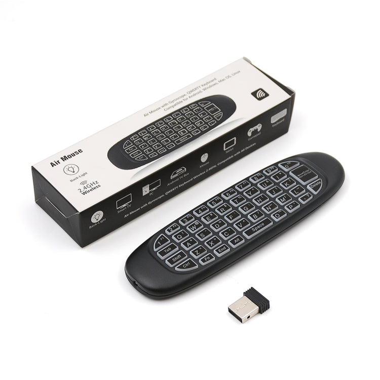 C120 Mouse ad aria retroilluminato Tastiera wireless da 2,4 GHz Giroscopio 3D Senso Telecomando Android per PC, TV Box Android / Smart TV, Dispositivi di gioco, White Backlight Keyboard