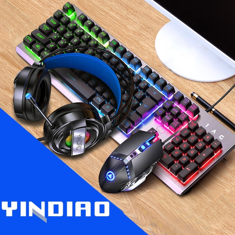 YINDIAO K002 Tastiera retroilluminata RGB con controllo del suono meccanico cablato USB + mouse ottico silenzioso + set di cuffie, Sound Control Backlight / Black, Sound Control Backlight / Silent / Black