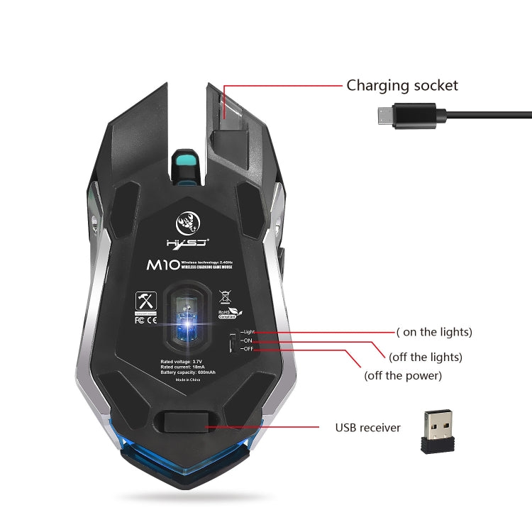 HXSJ M10 2.4GHz 6 tasti USB ricaricabile Illuminazione colorata Mouse da gioco ottico wireless ergonomico 2400 DPI per computer desktop, M10