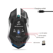 HXSJ M10 2.4GHz 6 tasti USB ricaricabile Illuminazione colorata Mouse da gioco ottico wireless ergonomico 2400 DPI per computer desktop, M10