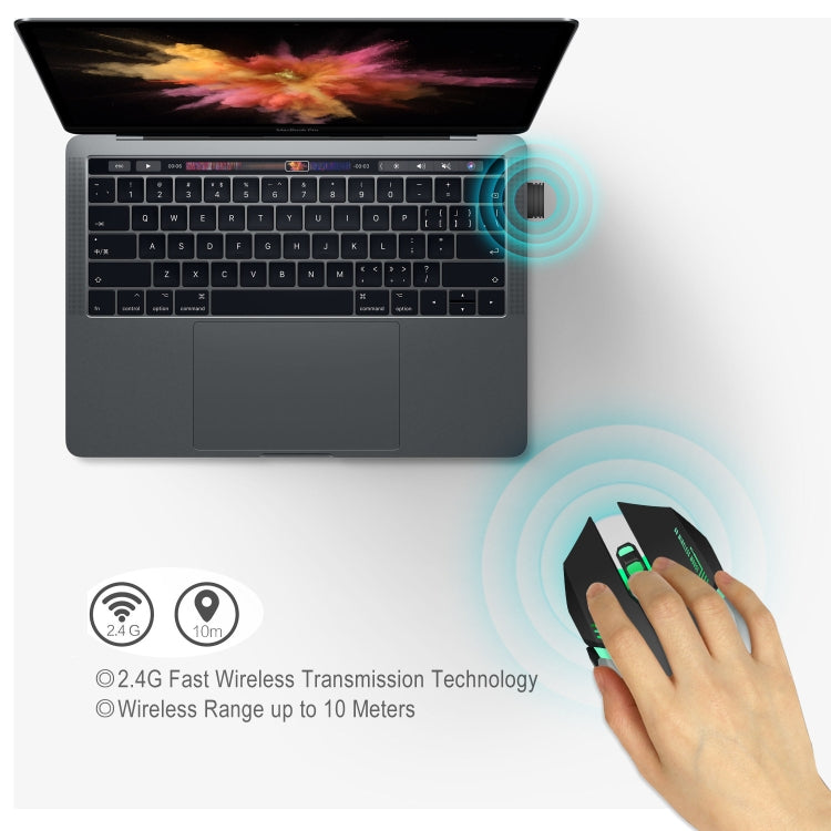 HXSJ M10 2.4GHz 6 tasti USB ricaricabile Illuminazione colorata Mouse da gioco ottico wireless ergonomico 2400 DPI per computer desktop, M10
