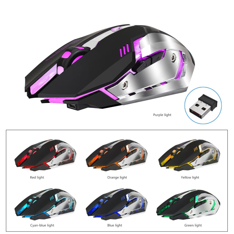 HXSJ M10 2.4GHz 6 tasti USB ricaricabile Illuminazione colorata Mouse da gioco ottico wireless ergonomico 2400 DPI per computer desktop, M10