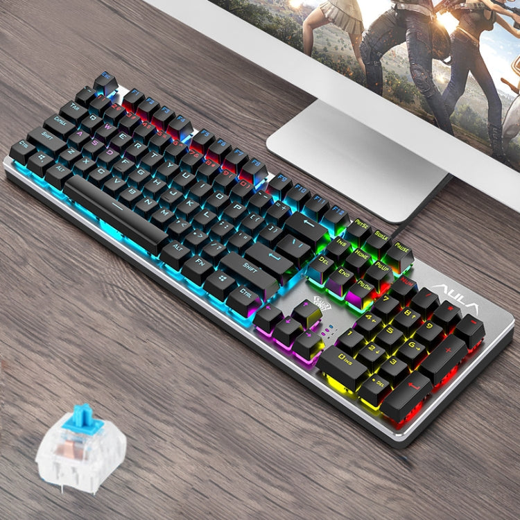 AULA S2016 Tastiera da gioco USB cablata con pannello metallico, interruttore blu meccanico, 104 tasti, luce miscelata, lunghezza: 1,6 m, Square Key (Blue Switch)