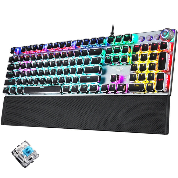 AULA F2088 108 tasti placcatura luce mista punk interruttore meccanico blu tastiera da gioco USB cablata con pulsante in metallo, Blue Switch Silver